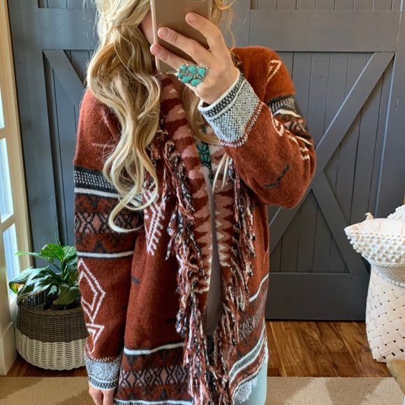 New Cowichan Aztec Print Fringed Cardigan Sweater - Picture 8 of 9